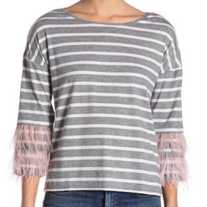 ROMEO+JULIET COUTURE Gray Heather Stripe Print Pink Feather Top M NWT